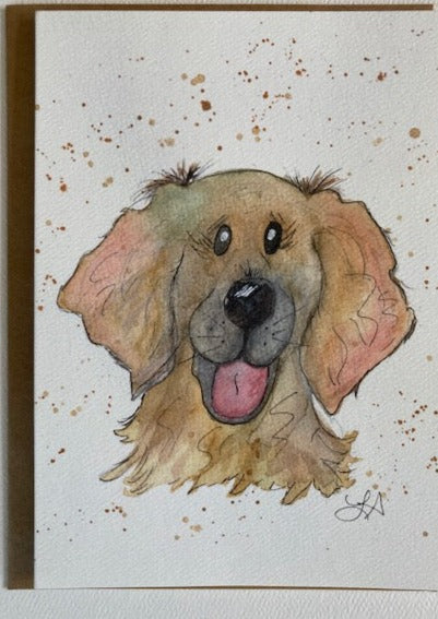 A whimsical animal character to brighten anyone's day! Meet Emmy, the happy go lucky pup. This card is created from an original watercolor painting and is perfect for any occasion. Emmy is waiting to make someone smile!  In this listing: A 5x7 inch card that is printed on premium textured card stock. A brown kraft envelope, all in a protective sleeve.  The card is blank on the inside for your own personal message.